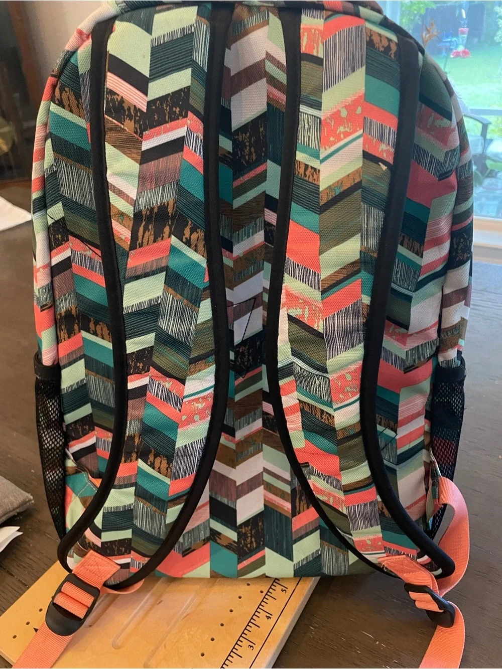 Kavu Multicolor Chevron Backpack in Teal, Coral, White, Brown